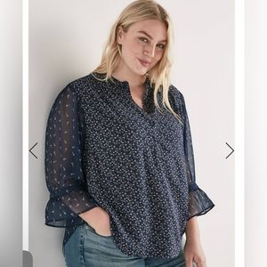 Lucky Brand Mixed Print Peasant Top Navy and Floral Half Button Blouse